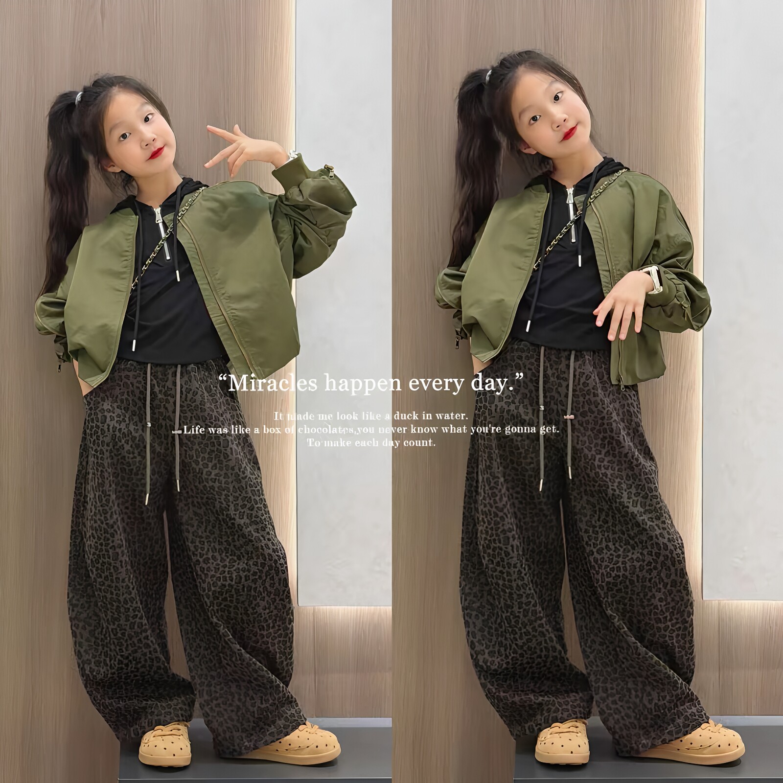 女童短款夹克帽衫豹纹裤三件套