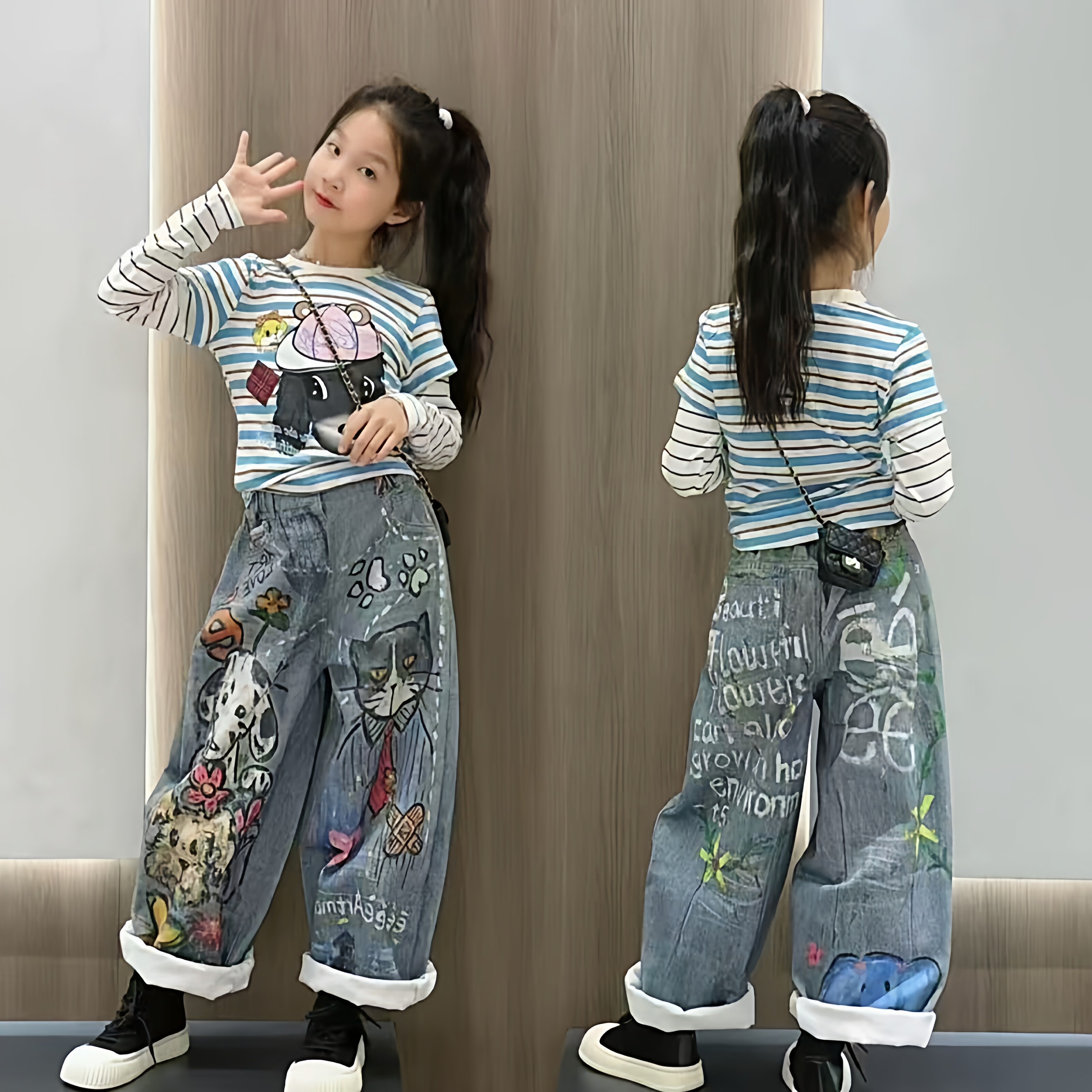 女童春季新款卡通条纹打底衫设计感美式涂鸦个性牛仔裤炸街套装潮