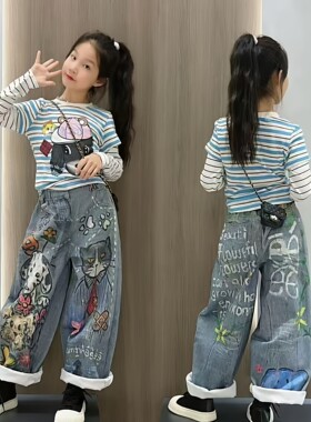 女童条纹打底衫牛仔裤炸街套装