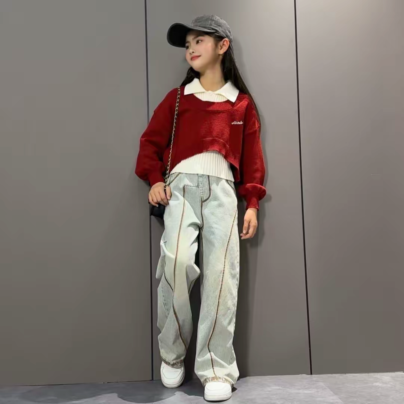 女童叠穿POLO领毛衣阔腿裤套装