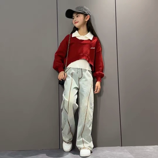 女童洋气红色美式叠穿POLO领毛衣设计感划骨线牛仔阔腿裤炸街套装