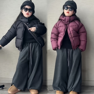 超好看女童潮酷短款加厚保暖羽绒棉连帽外套加绒花苞裤炸街套装韩