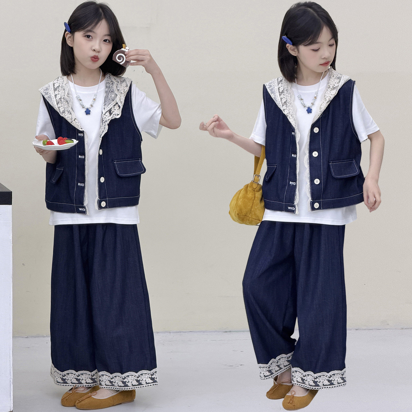 女童夏季韩系复古蕾丝拼接连帽牛仔马甲短袖花边阔腿裤甜美三件套