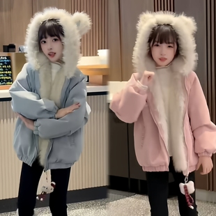 甜美可爱毛茸茸连帽外套女童冬季 设计感双面穿加厚保暖皮衣棉服潮