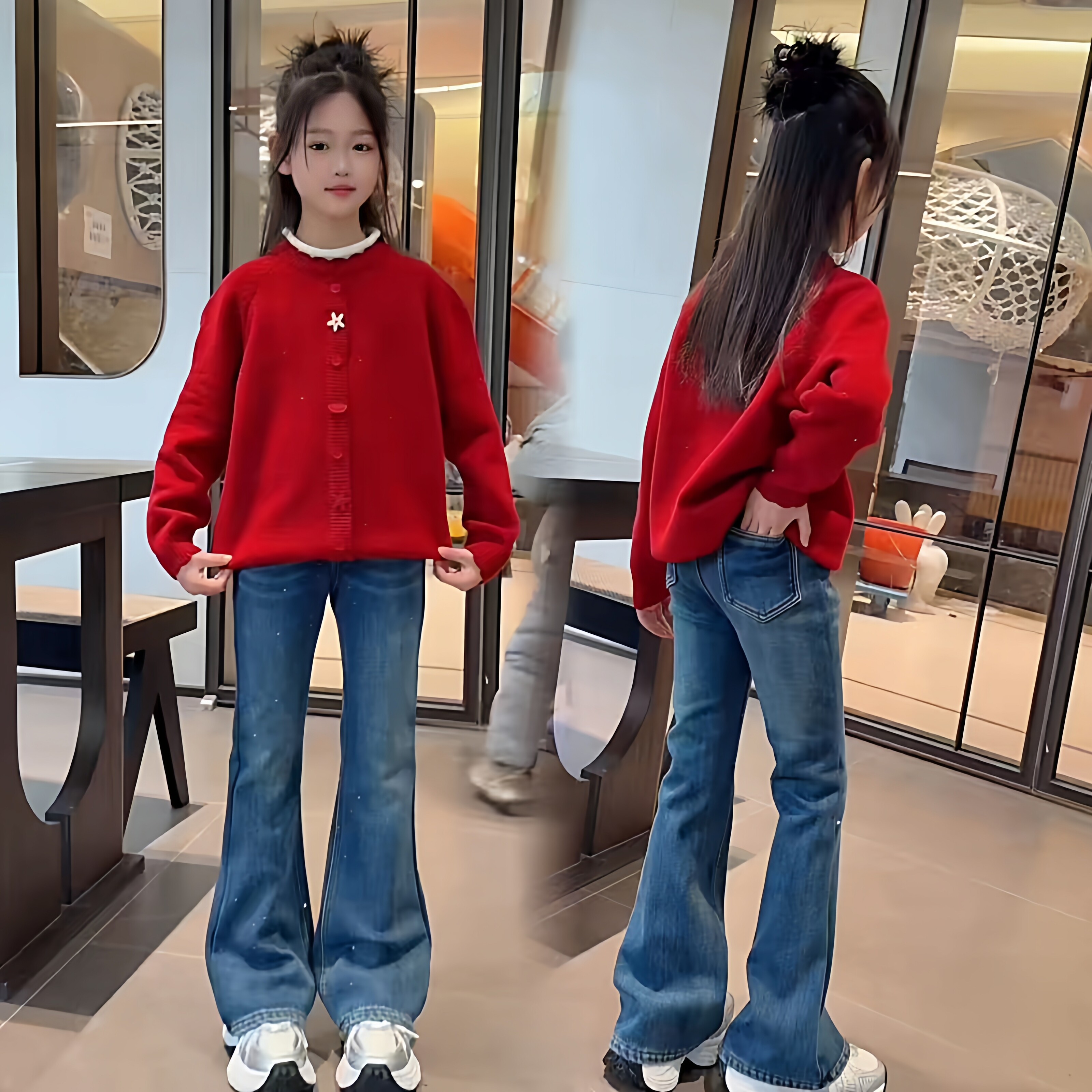新年红色喜庆女童超好看本命年毛衣设计感烫钻复古牛仔喇叭裤套装