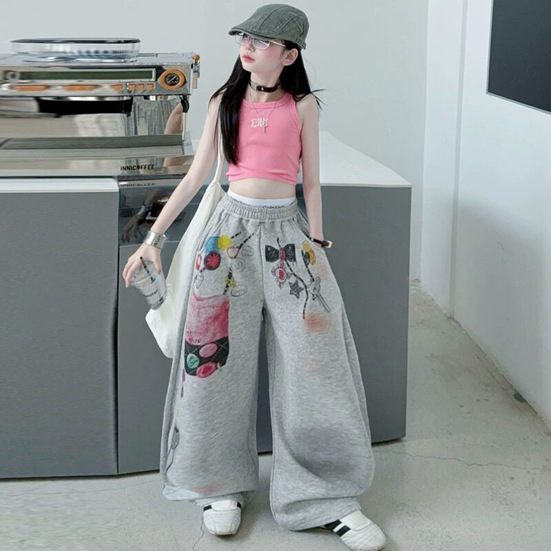 甜酷辣妹风女童粉色背心设计感美式街头个性涂鸦印花休闲卫裤套装