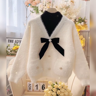 女童仿水貂绒小香风蝴蝶结毛衣冬秋冬新款假两件软糯韩版针织上衣