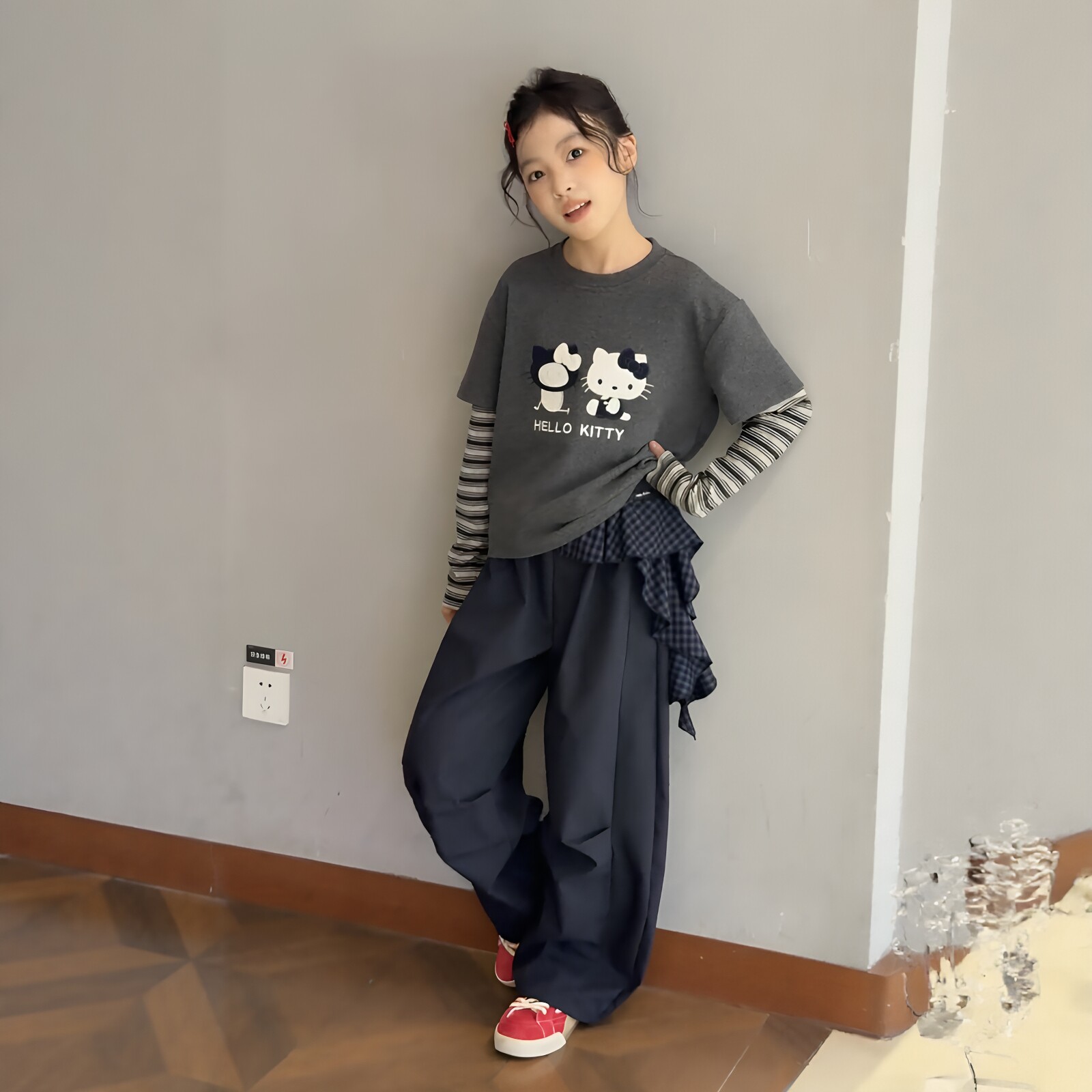 女童假两件拼接上衣阔腿裤套装