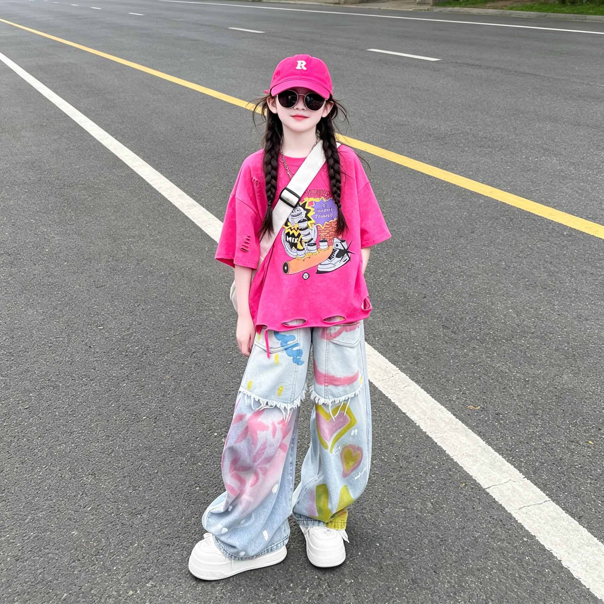 女童火龙果色短袖涂鸦牛仔裤套装