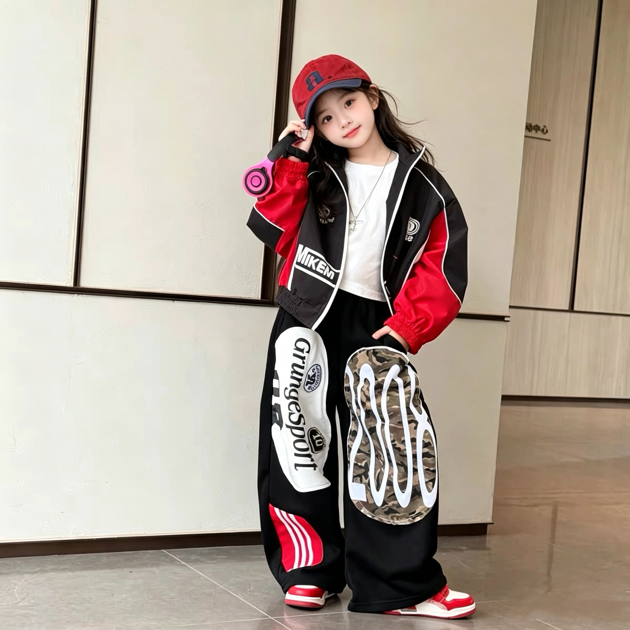 女童机车外套休闲裤炸街套装