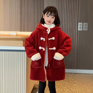女童加绒红色喜庆新年连帽大衣外套冬季保暖时尚中大童拜年服韩版