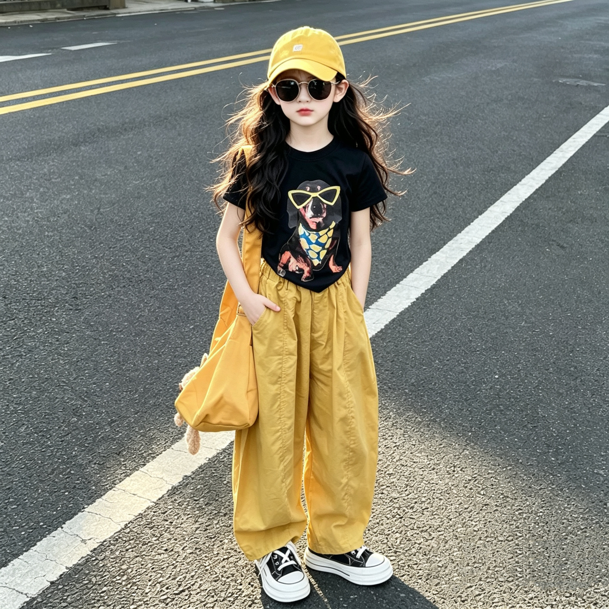 女童卡通小狗印花短袖棉布裤套装
