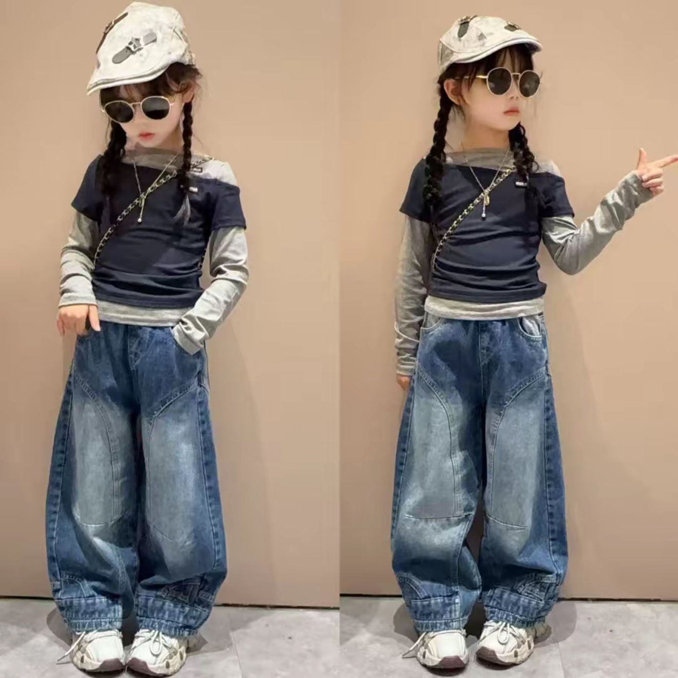 女童双标打底衫假两件牛仔裤套装