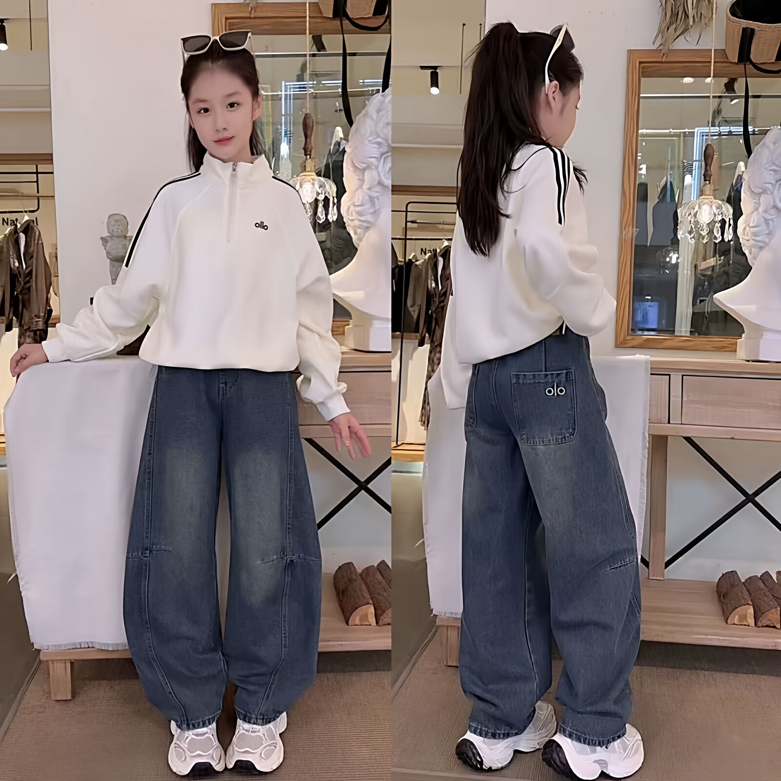 女童韩系简约半拉链立领拉条卫衣休闲百搭牛仔弯刀裤洋气套装潮酷