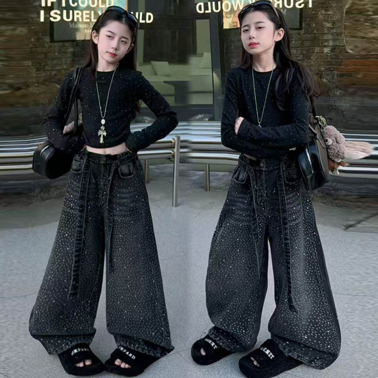 酷飒女童炸街穿搭修身显瘦打底衫美式闪钻阔腿裤松弛感街舞套装潮