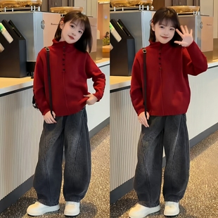 女童韩版冬季红色喜庆本命年高领毛衣复古豹纹牛仔弯刀裤洋气套装