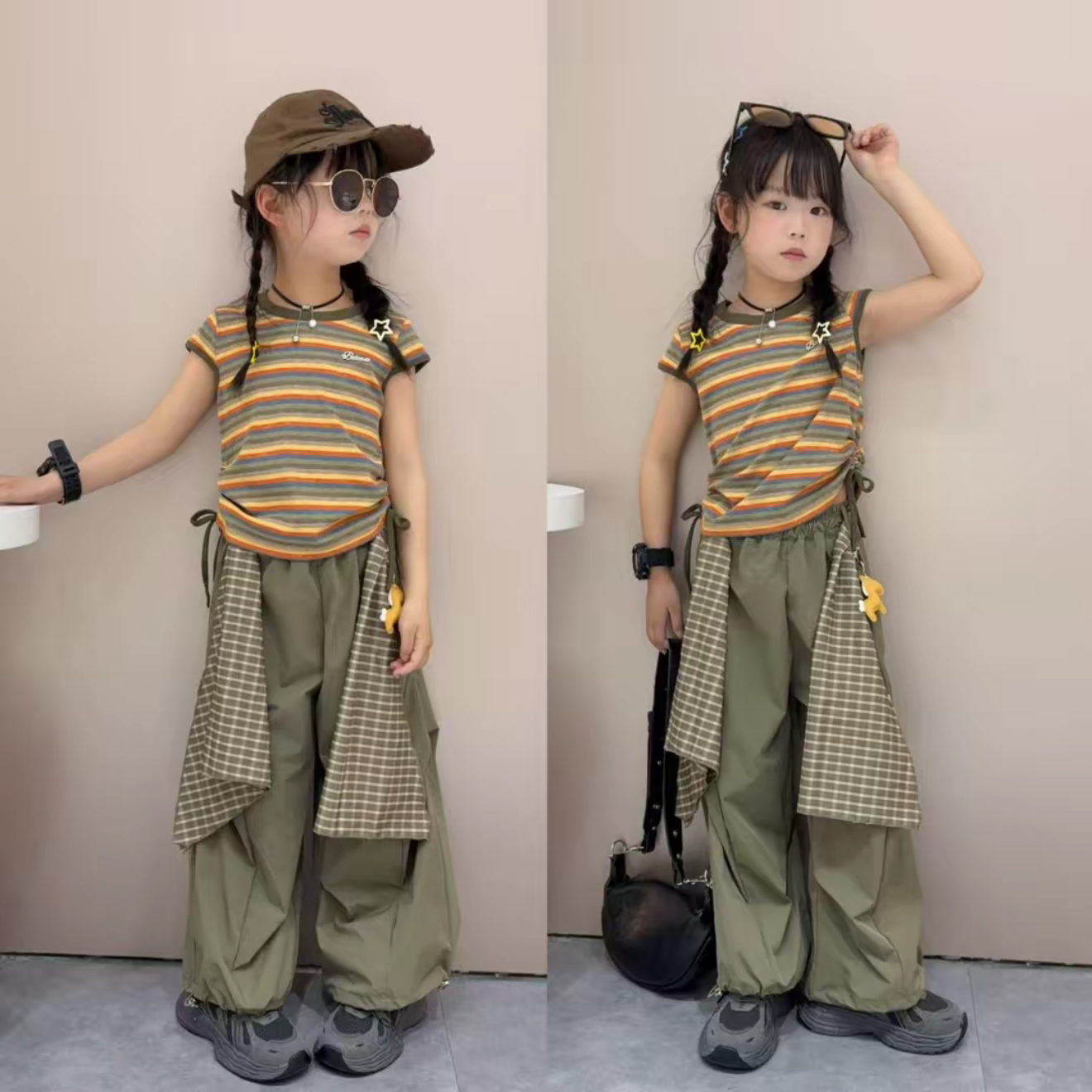 潮酷女童夏季套装2026新款中大童条纹短袖工装伞兵裤爵士舞两件套
