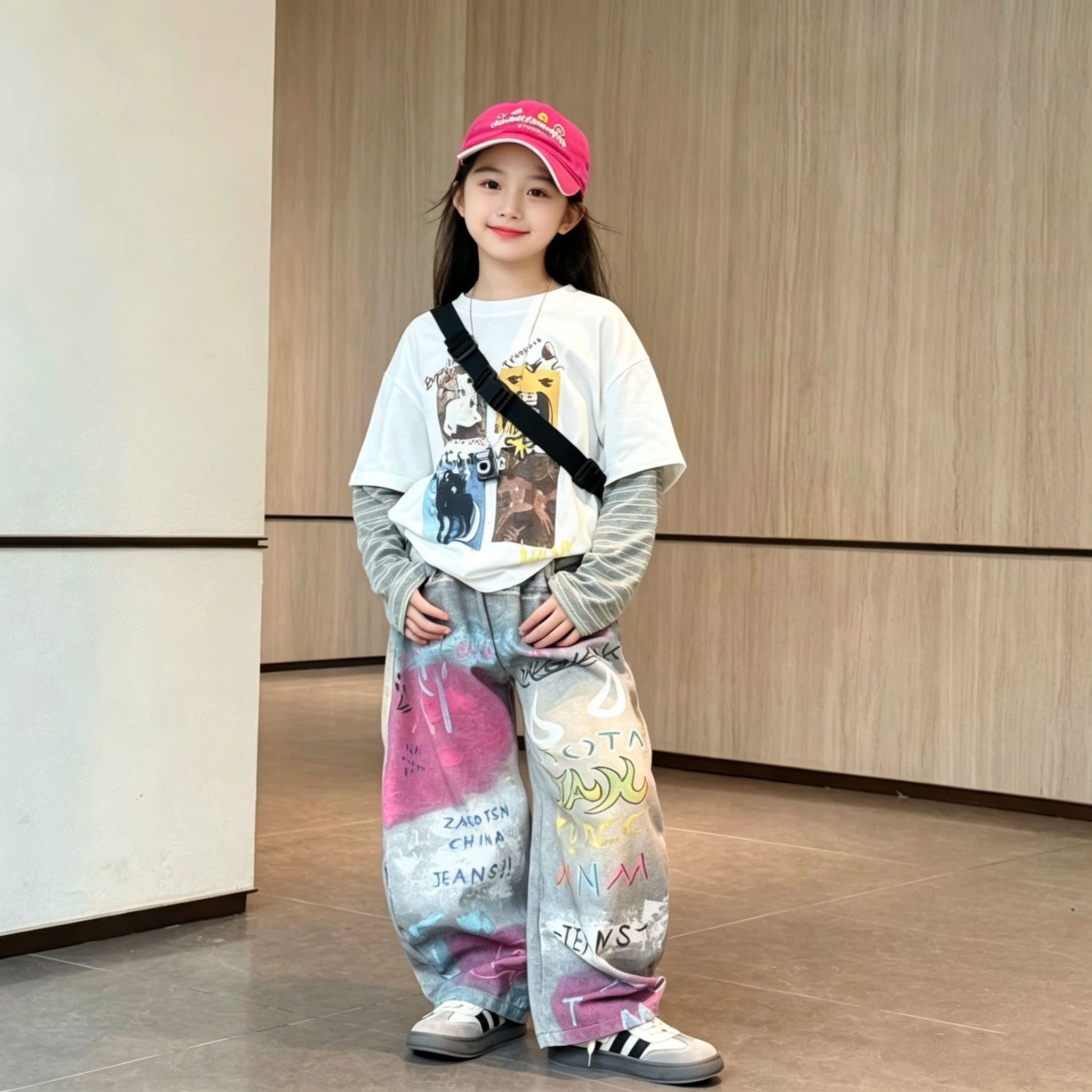 女童涂鸦阔腿裤假两件长袖套装