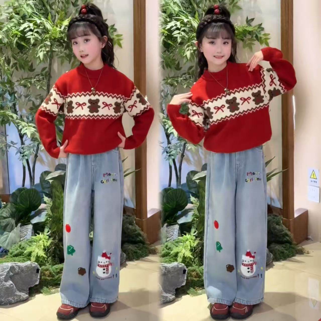 女童圣诞氛围感卡通小熊红色毛衣刺绣加绒牛仔阔腿裤洋气套装韩版