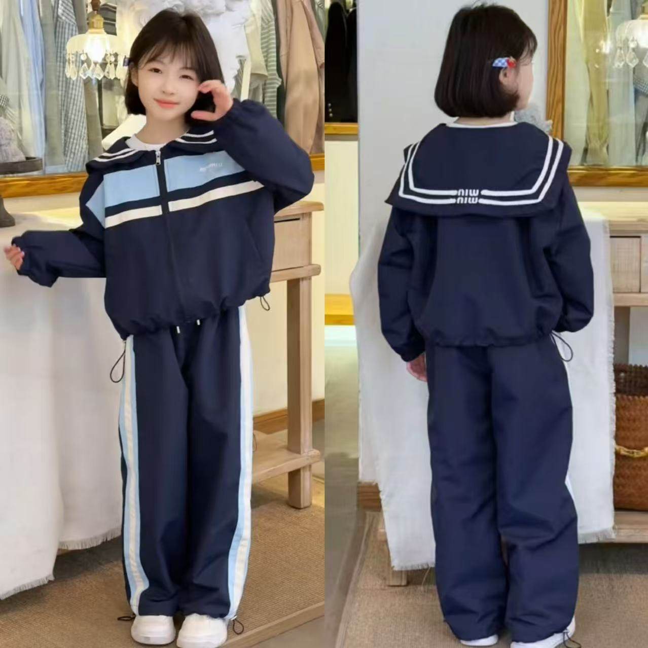 女童春秋海军领学院风拼色冲锋衣外套束脚工装裤休闲运动套装韩版