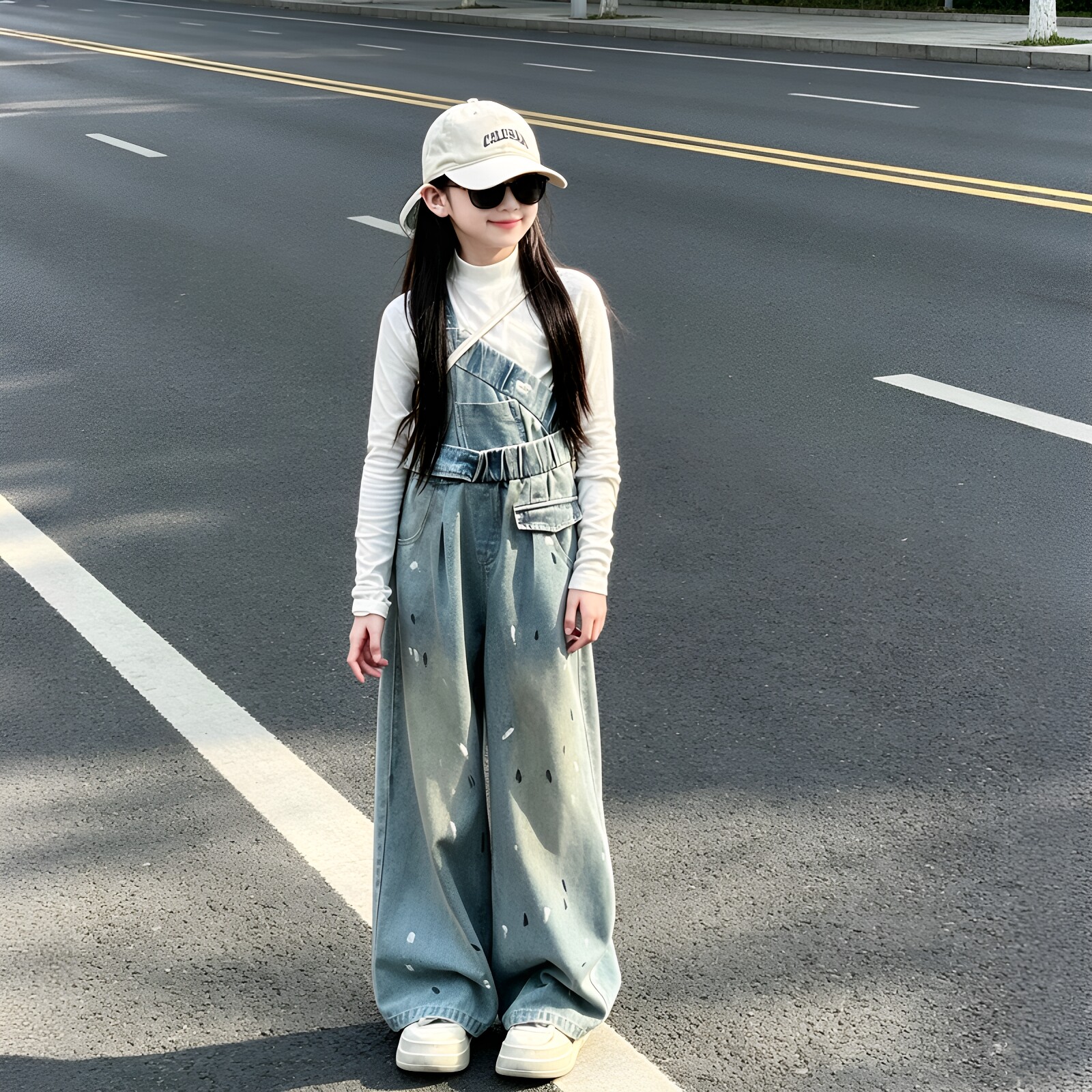 女童手绘涂鸦牛仔背带裤套装图片