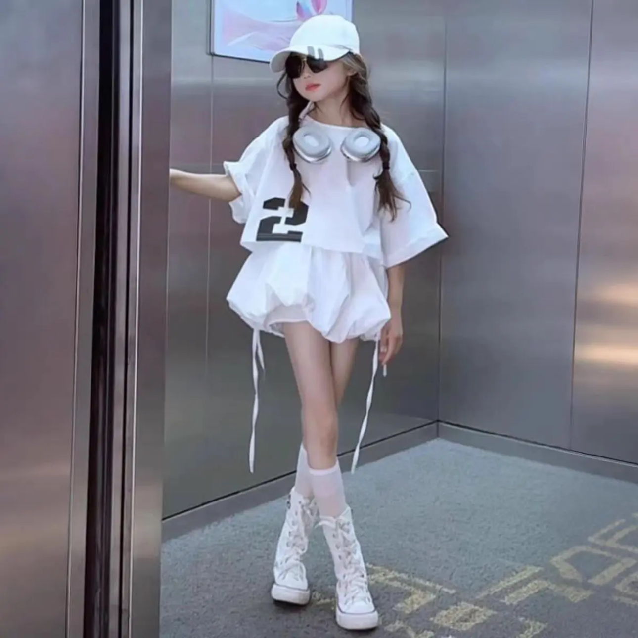 女童夏季韩版短款简约宽松百搭短袖T恤时尚A字花苞裙洋气套装潮酷