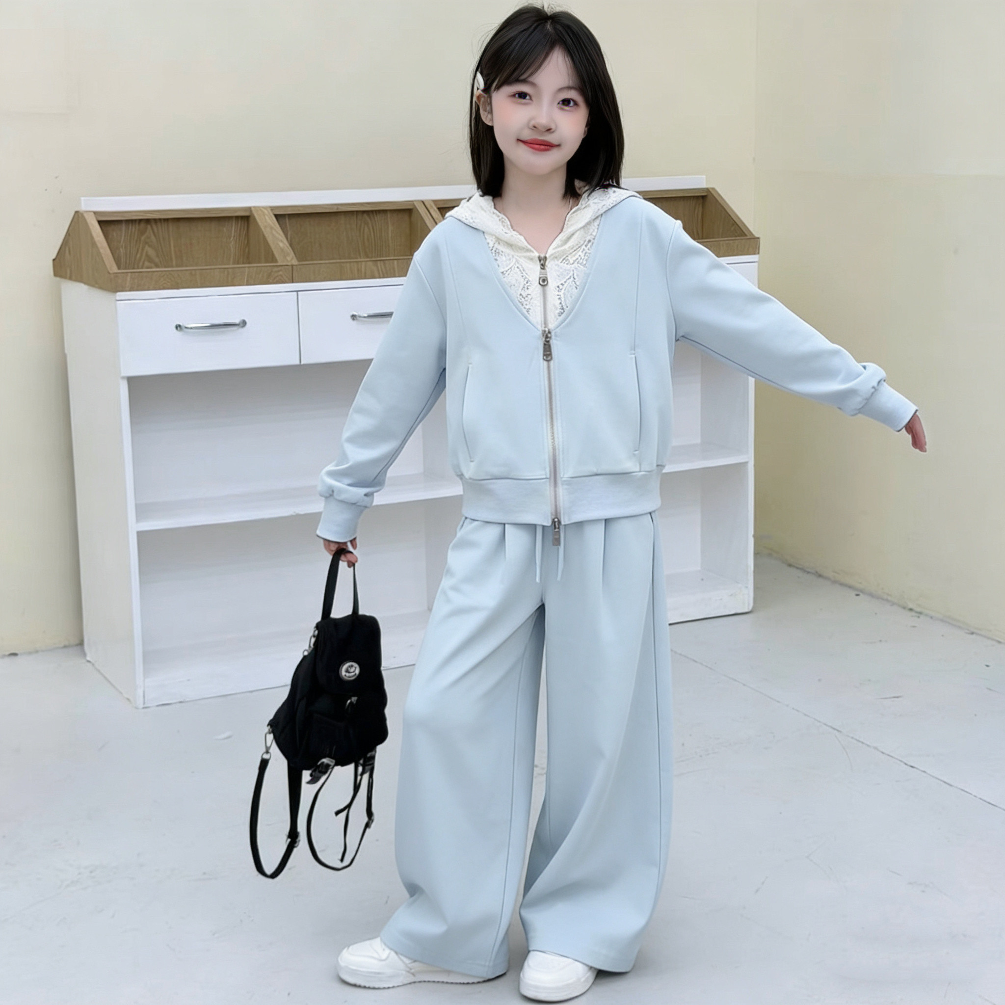 女童韩系春秋假两件蕾丝拼接连帽卫衣阔腿裤初中生小清新运动套装