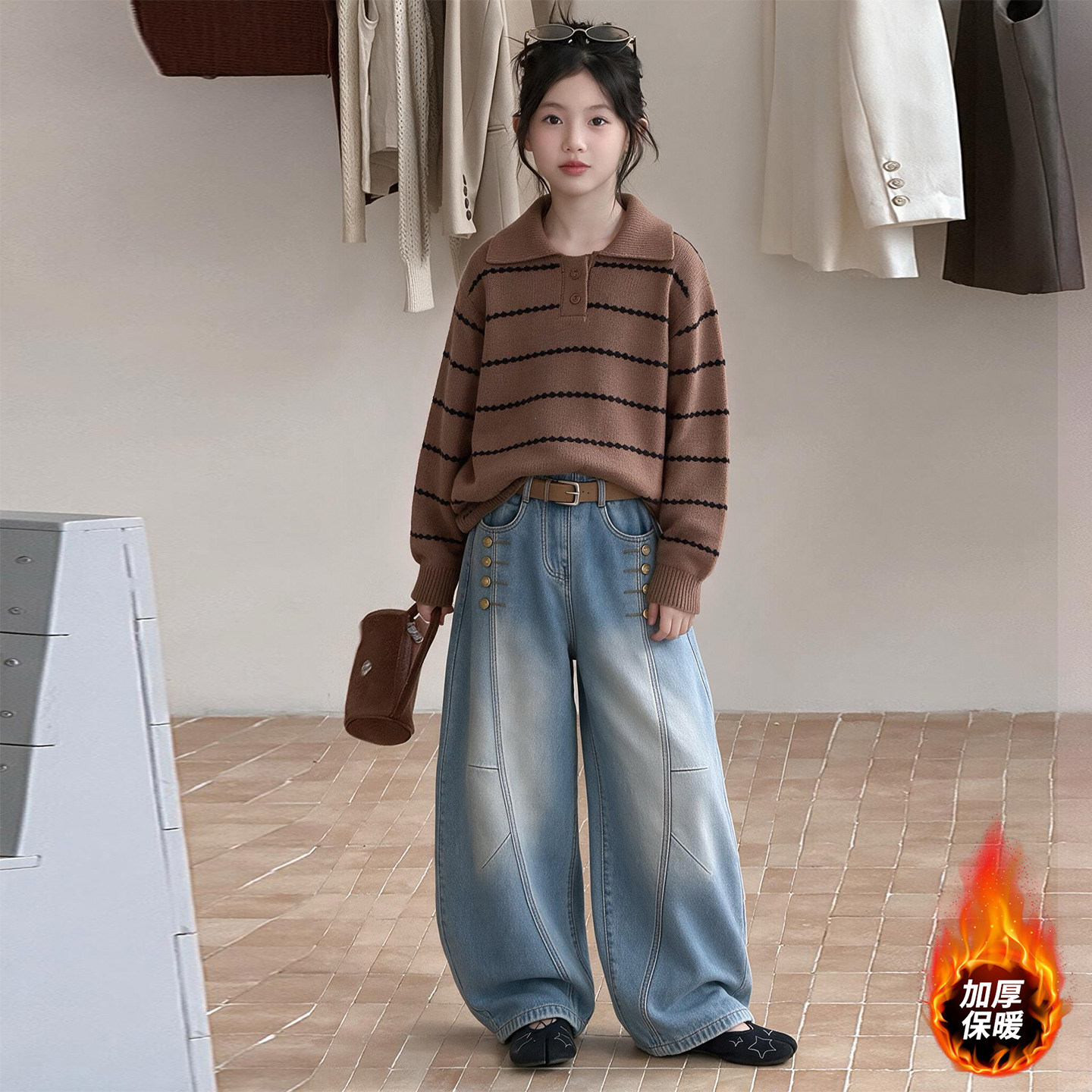 秋冬加厚女童毛衣套装复古美拉德咖色翻领条纹针织衫牛仔裤两件套