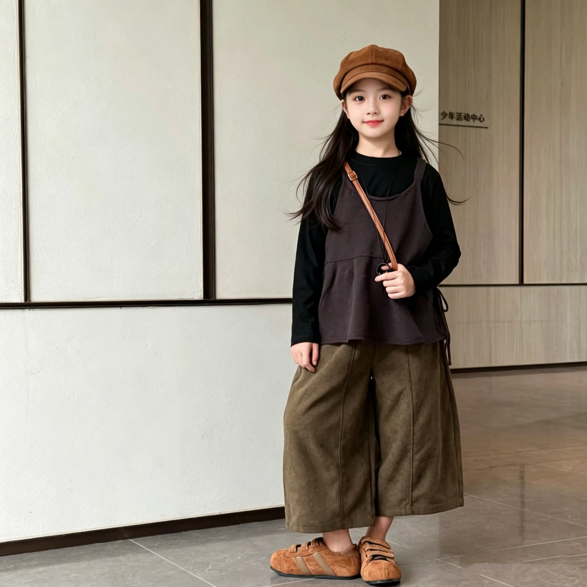 女童背心打底衫八分阔腿裤三件套