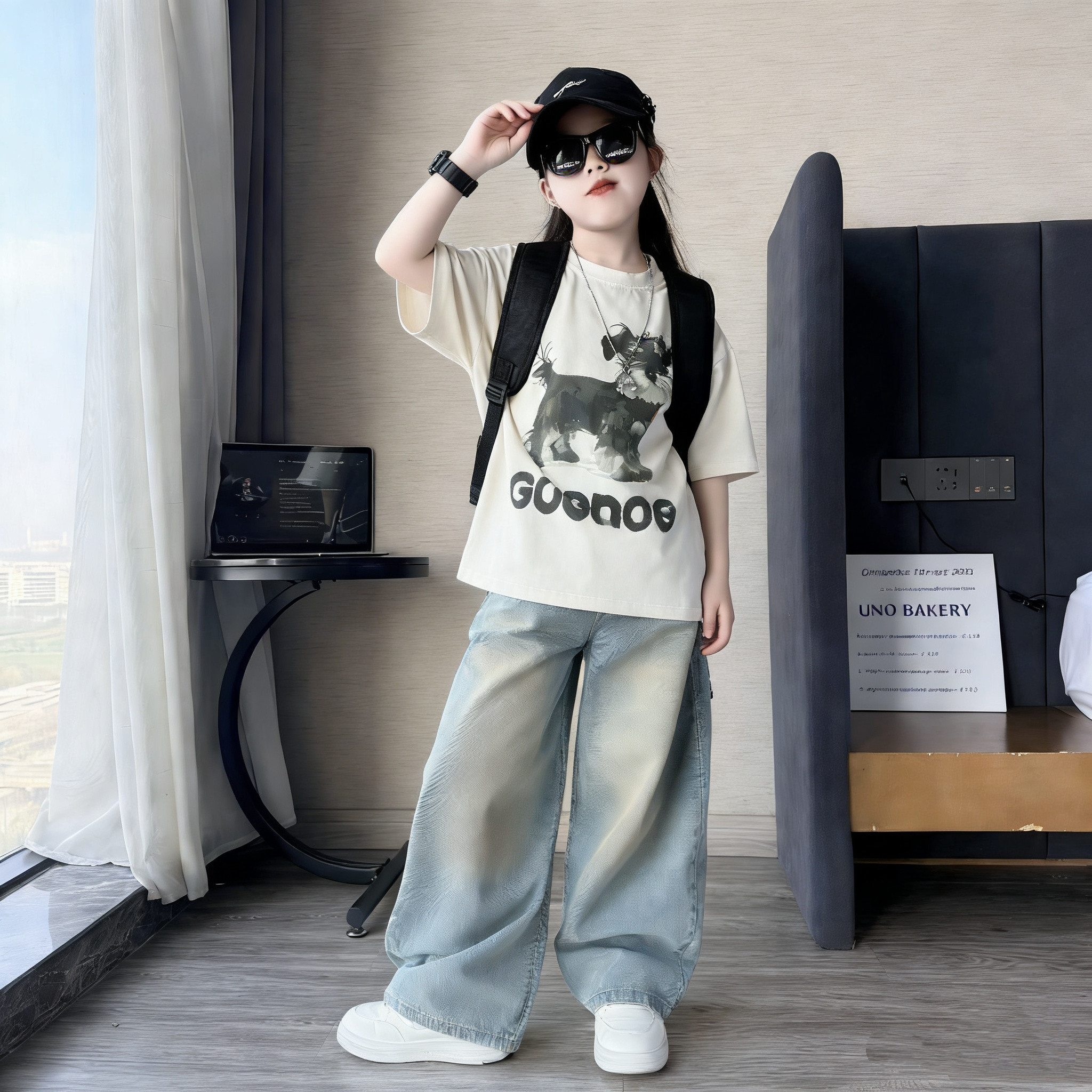 女童美式休闲夏季卡通小狗字母短袖T恤做旧百搭牛仔阔腿裤裤套装