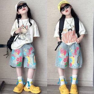 女童夏季萌趣卡通猫咪印花短袖个性潮酷彩虹涂鸦牛仔中裤炸街套装