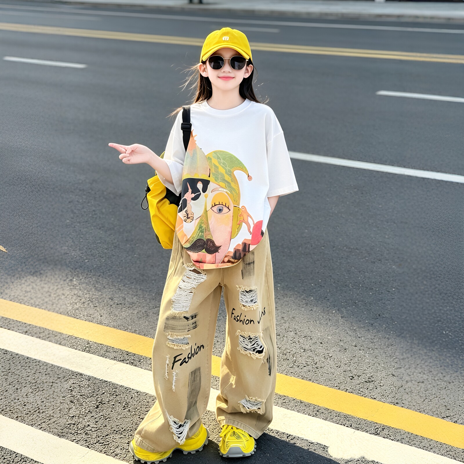 女童卡通印花短袖阔腿裤套装
