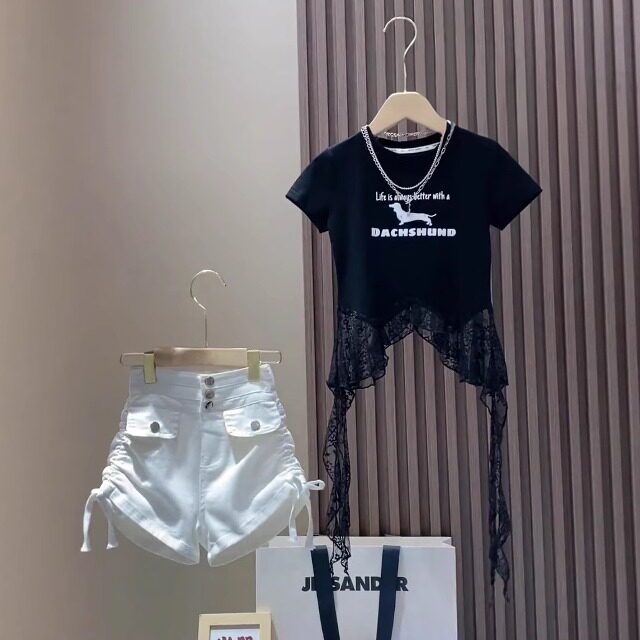 女童蕾丝短袖洋气抽绳短裤套装