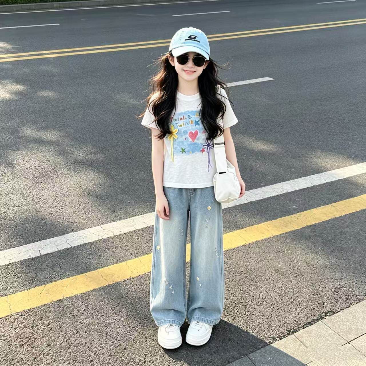 女童星星印花短袖刺绣直筒裤套装