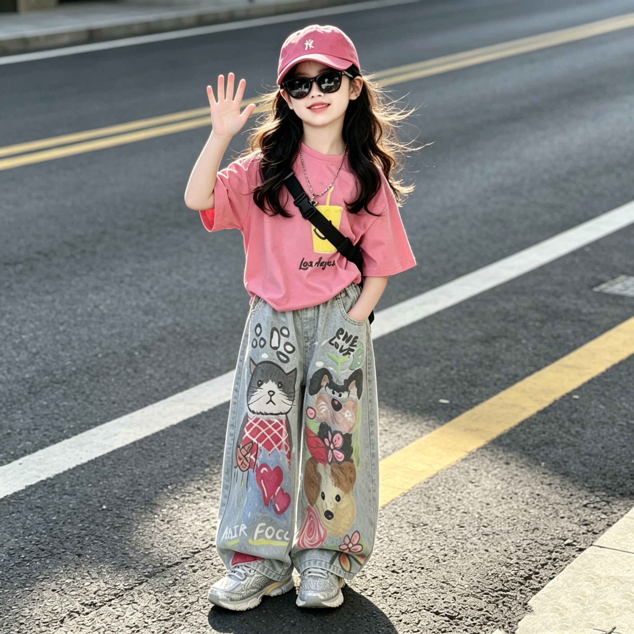 女童可乐杯短袖涂鸦牛仔裤套装