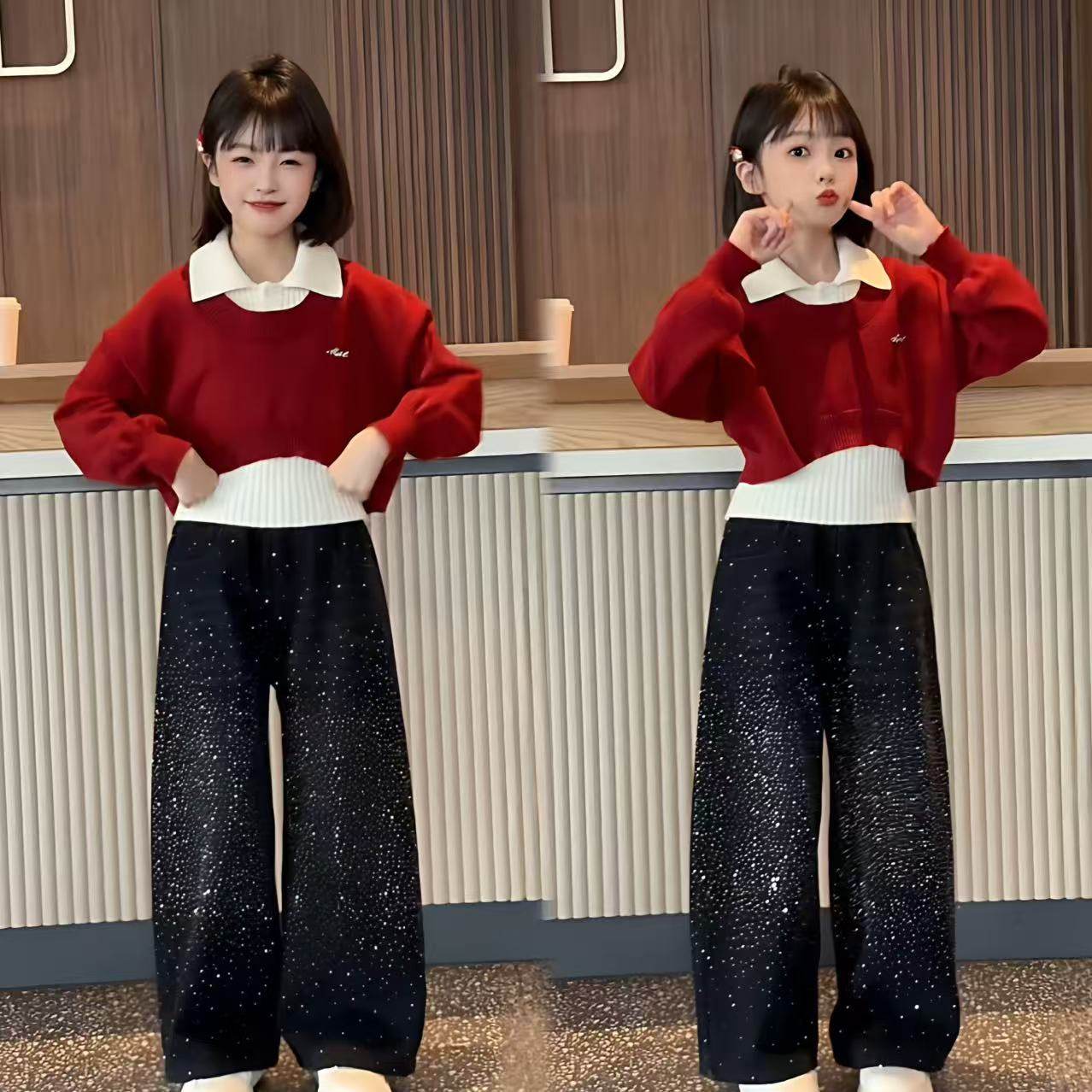 女童时尚叠穿红色复古POLO领毛衣设计感满天星烫钻牛仔裤炸街套装,童装/婴儿装/亲子装,套装,淘宝优惠券,粉丝福利购,淘宝优惠卷