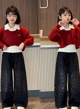 女童时尚叠穿红色复古POLO领毛衣设计感满天星烫钻牛仔裤炸街套装