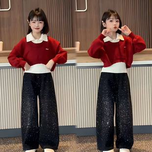 女童时尚叠穿红色复古POLO领毛衣设计感满天星烫钻牛仔裤炸街套装