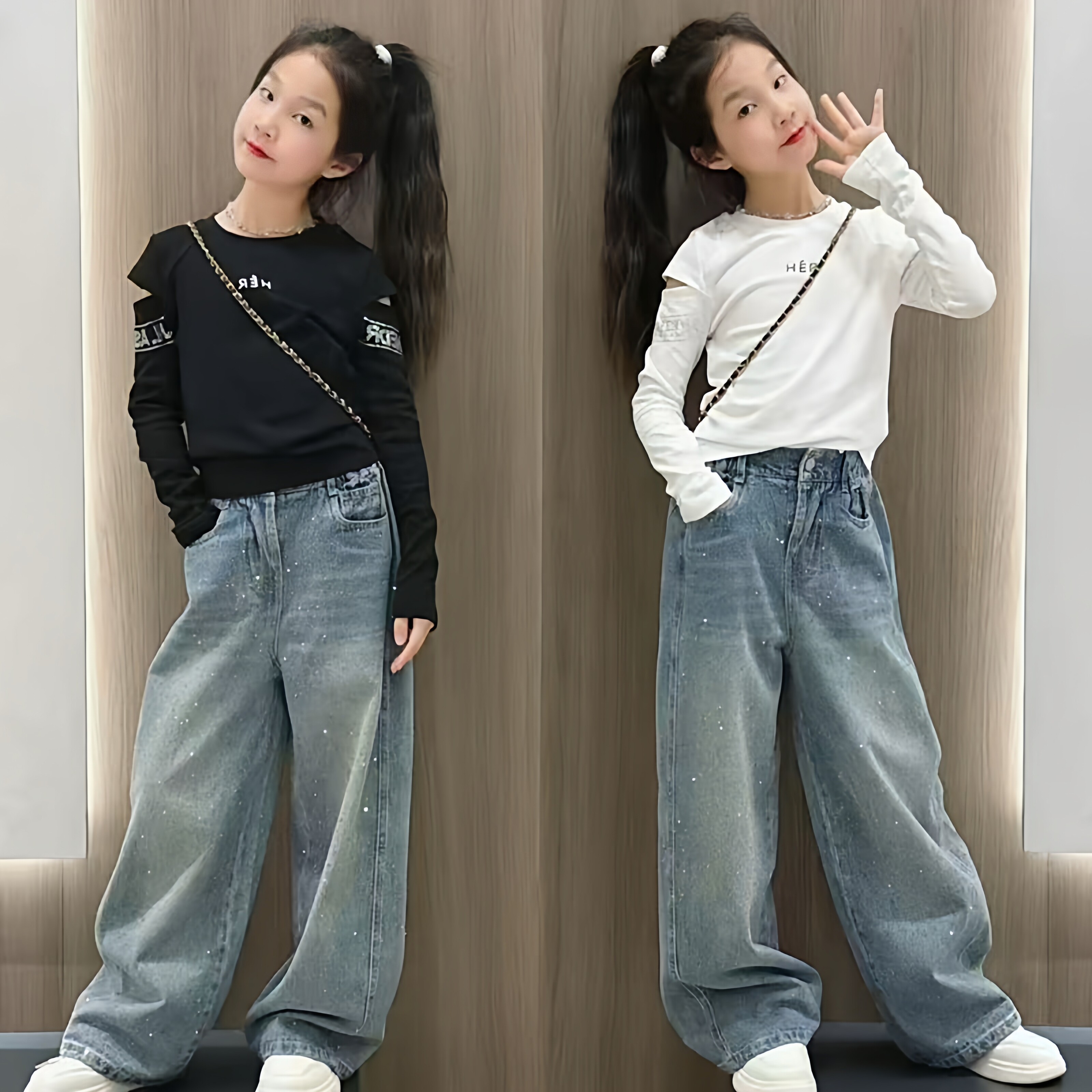 女童镂空打底衫满天星牛仔裤套装