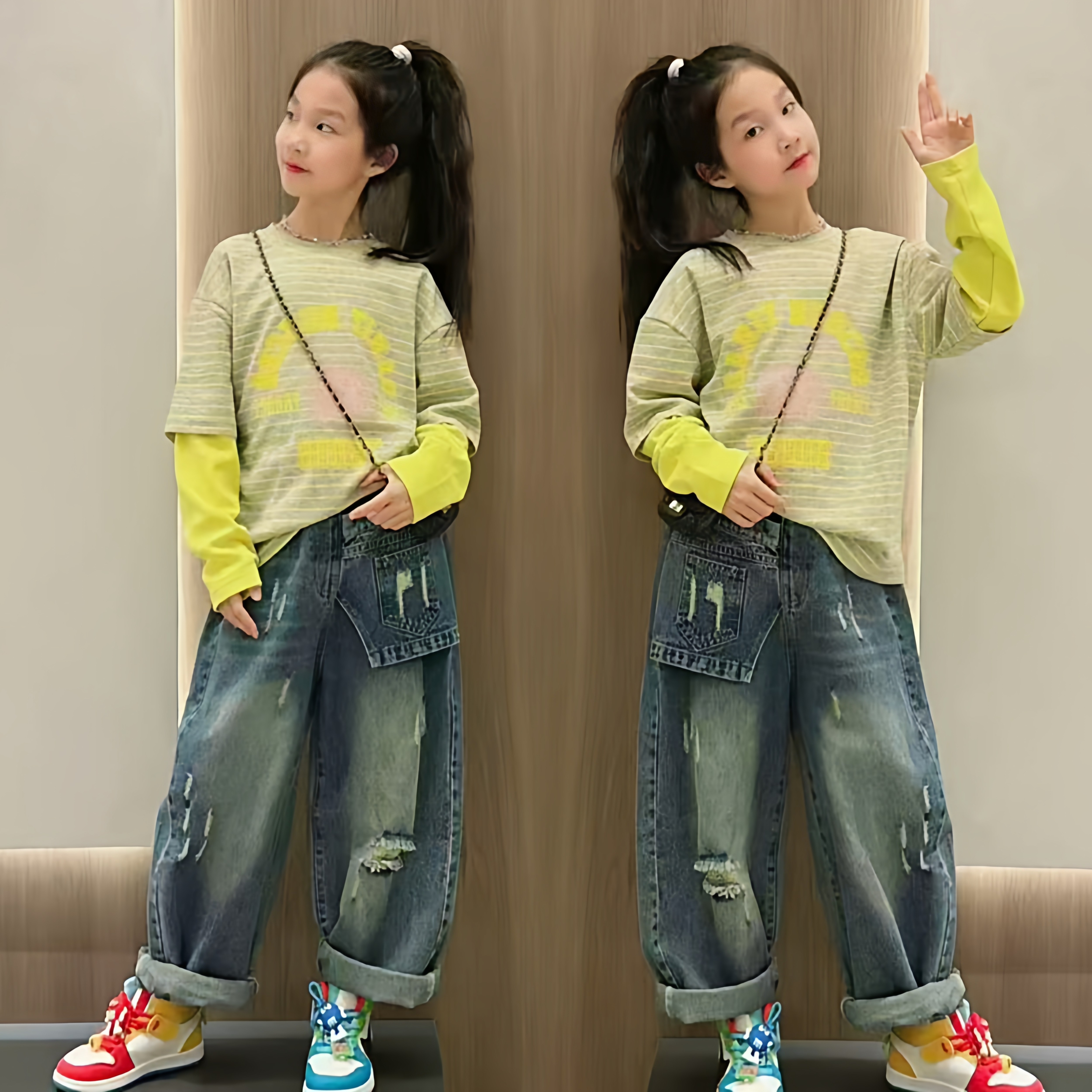 春季新款女童韩系假两件条纹卫衣设计感小众百搭破洞牛仔裤套装潮