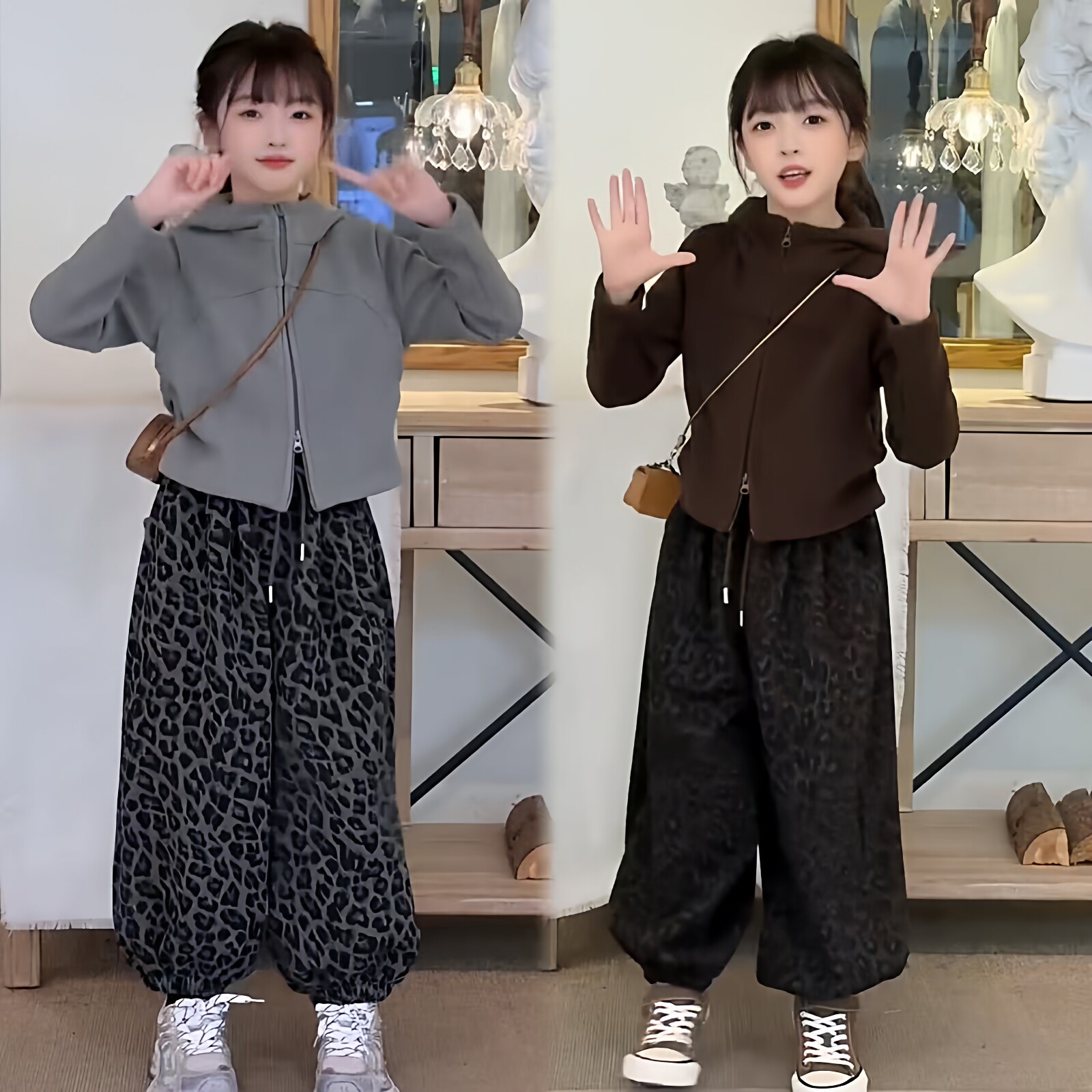 女童美式复古洋气一体绒显瘦修身连帽拉链卫衣外套豹纹裤炸街套装