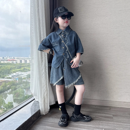女童夏季设计感复古港味毛边POLO领短袖外套休闲短裤薄款牛仔套装