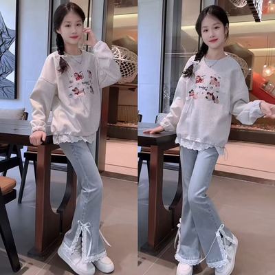 女童花边卫衣开叉牛仔喇叭裤套装