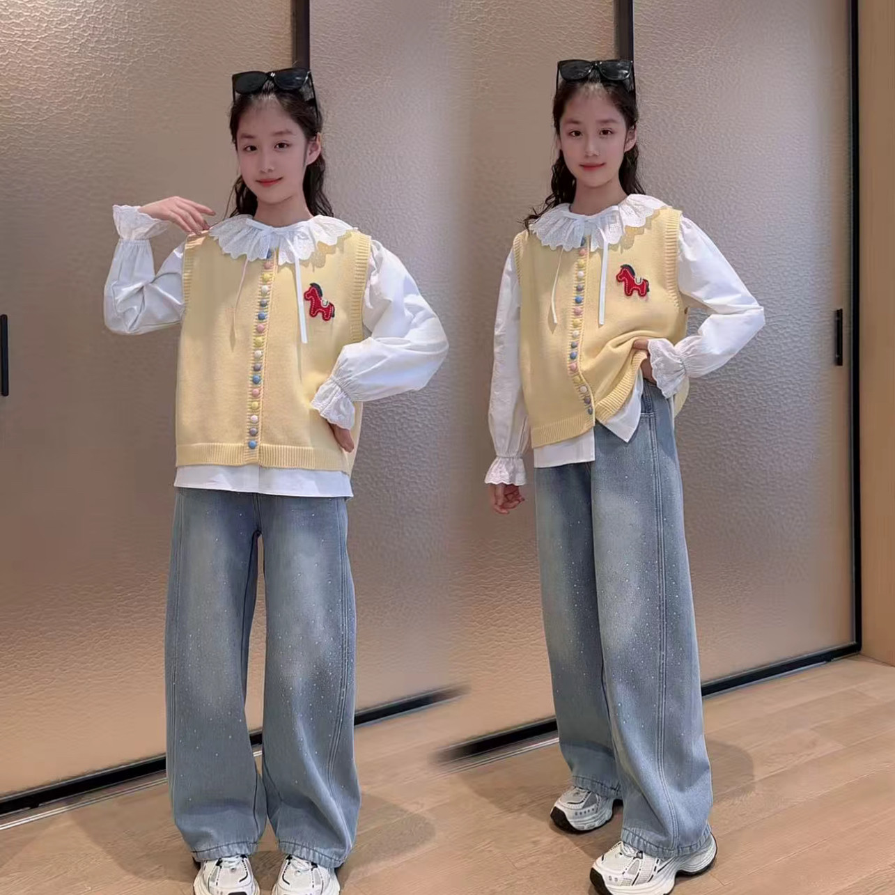 春季新款女童卡通小马针织马甲叠穿背心娃娃领衬衫烫钻牛仔裤套装