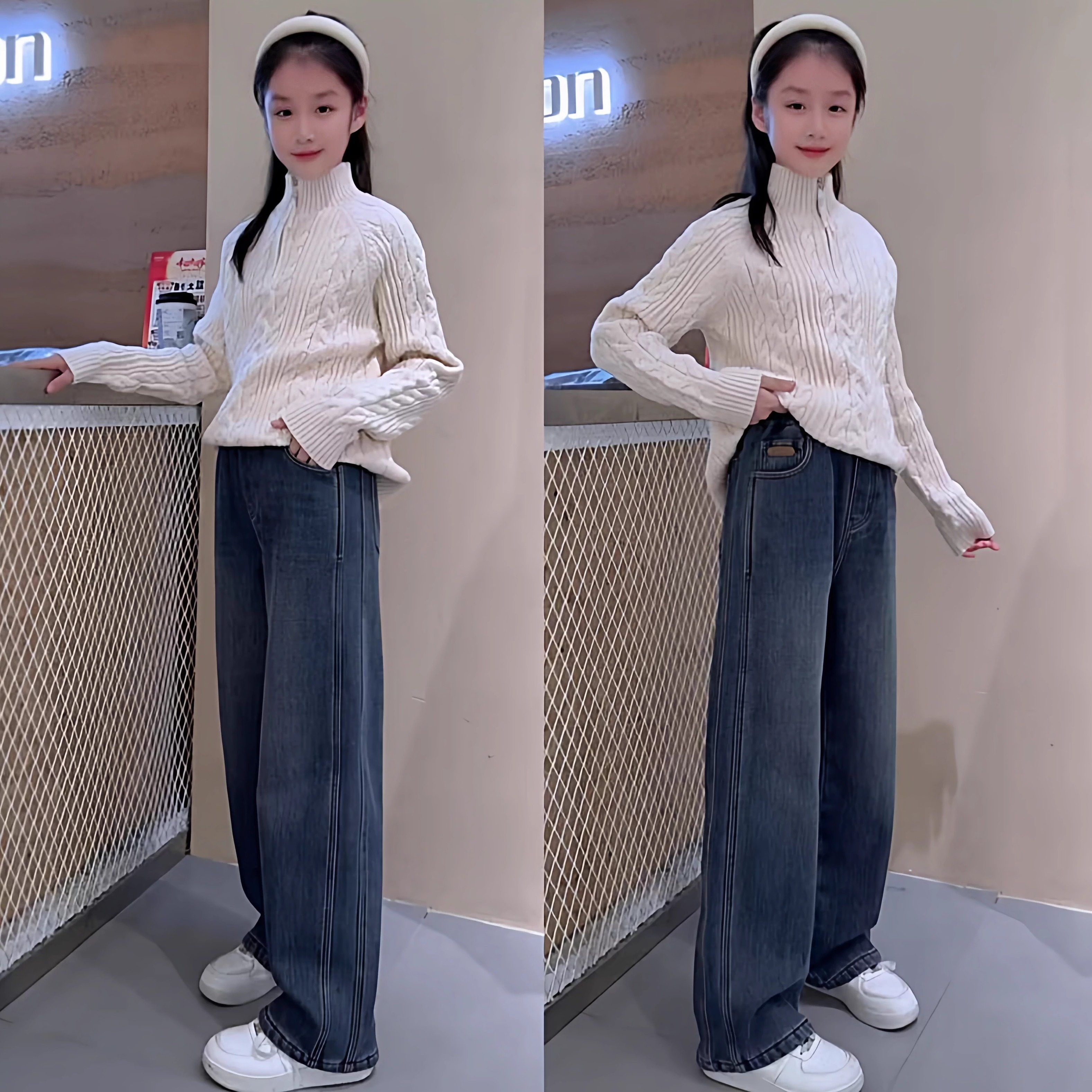 白色半拉链高领毛衣秋冬女童内搭麻花上衣一体绒牛仔阔腿裤套装韩,童装/婴儿装/亲子装,套装,淘宝优惠券,粉丝福利购,淘宝优惠卷