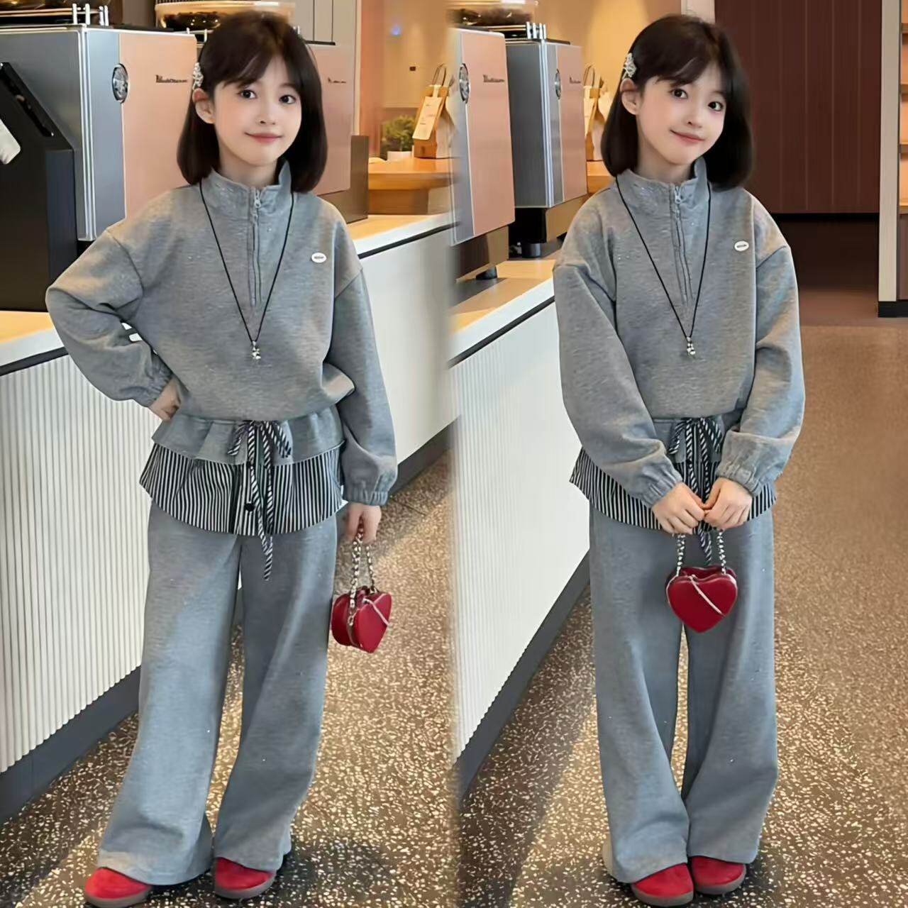 女童撒银半拉链卫衣阔腿裤套装