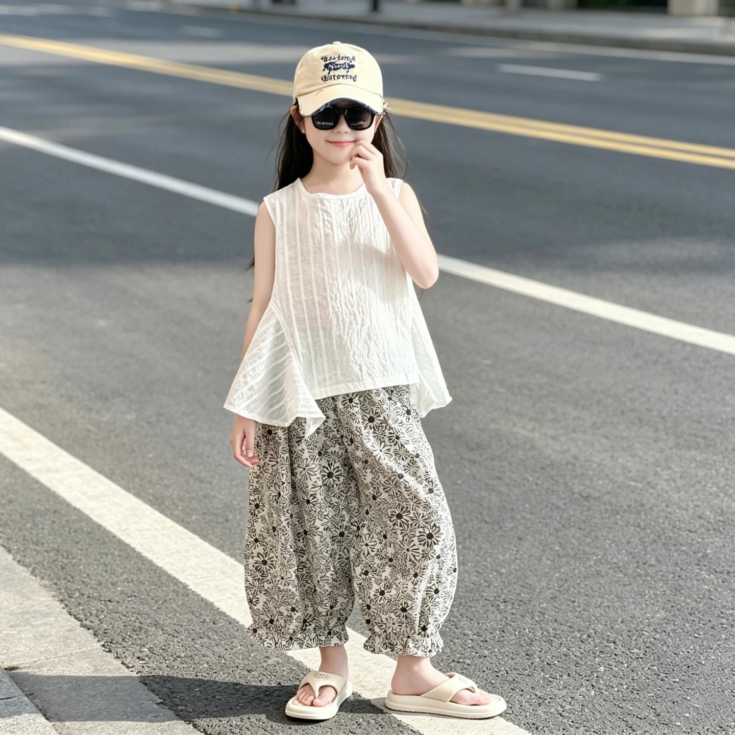 女童洋气无袖背心碎花灯笼裤套装