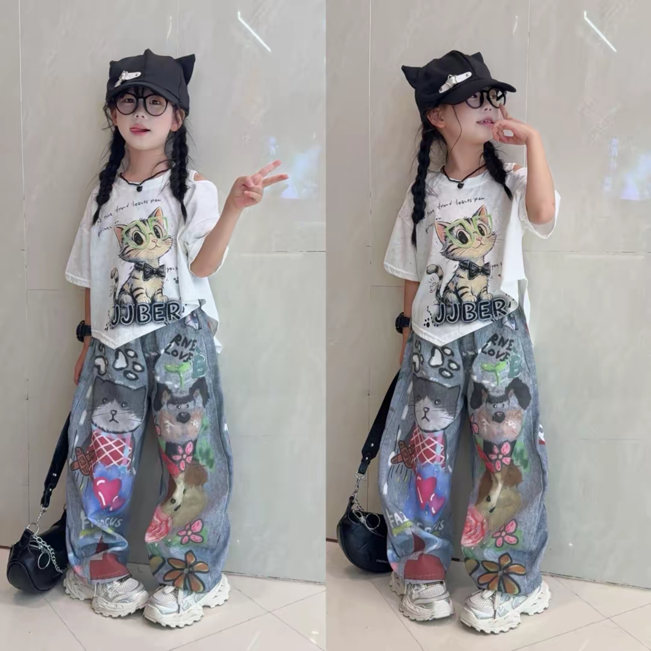 女童涂鸦个性牛仔弯刀裤短袖套装