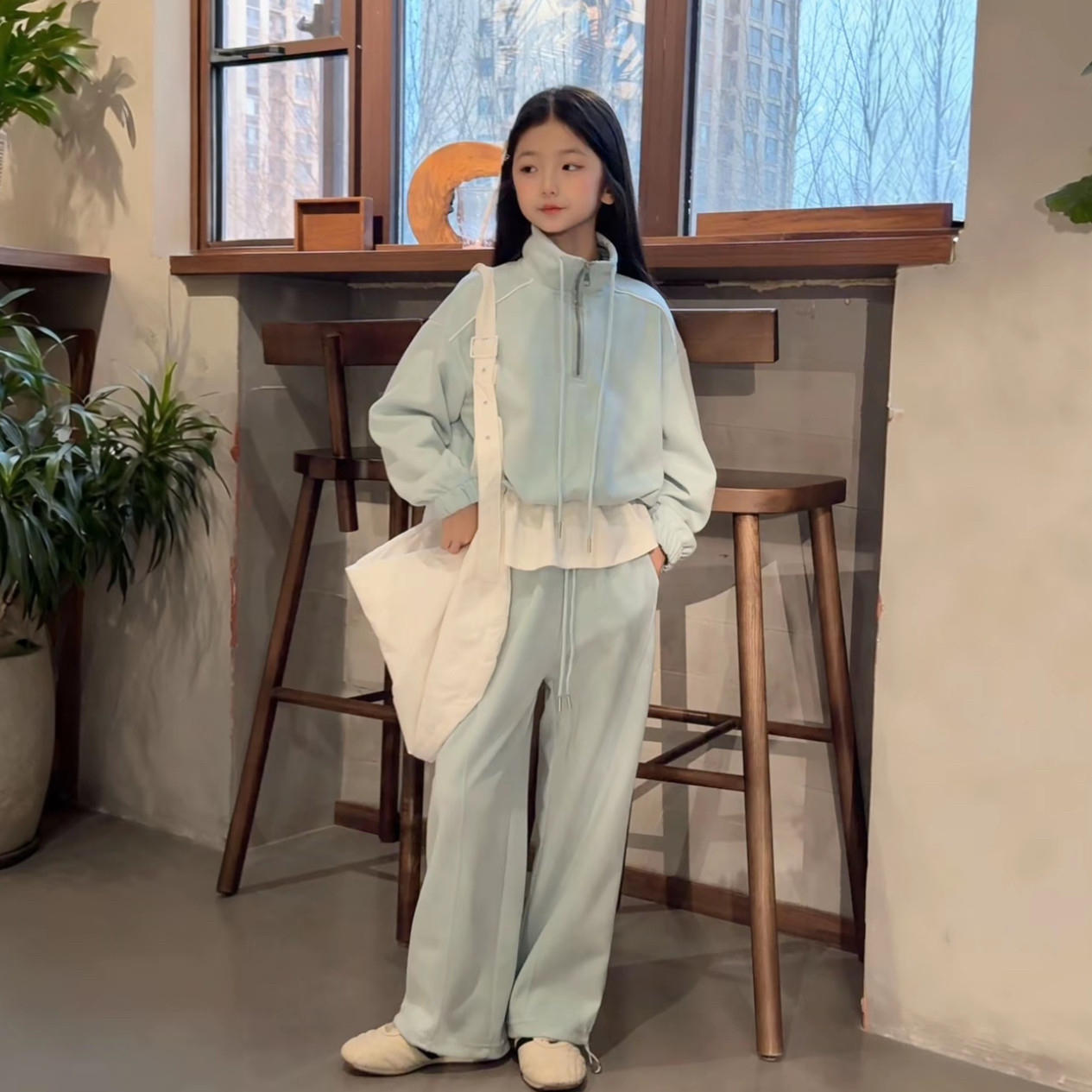 韩系女童春季套装假两件立领半拉链卫衣休闲裤初中生运动时髦套装