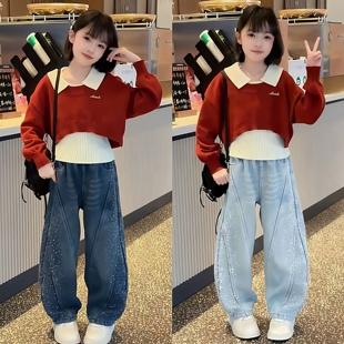 女童韩系设计感叠穿POLO领红色新年毛衣拼接烫钻牛仔弯刀裤套装潮